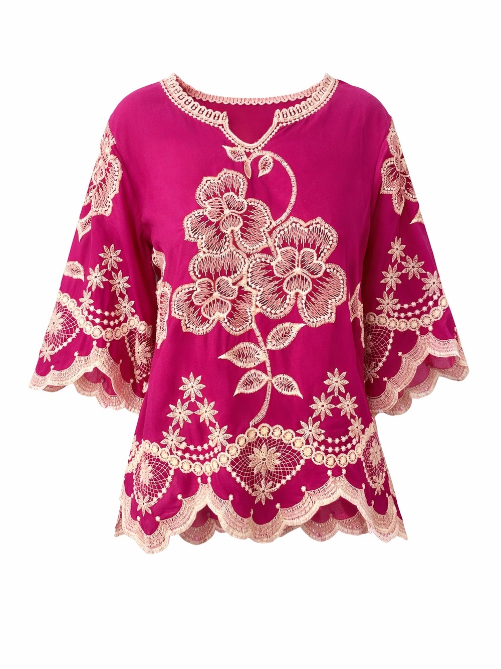 Anthropologie Solitaire Embroidered Scalloped Edges Fuchsia Blouse Siz…